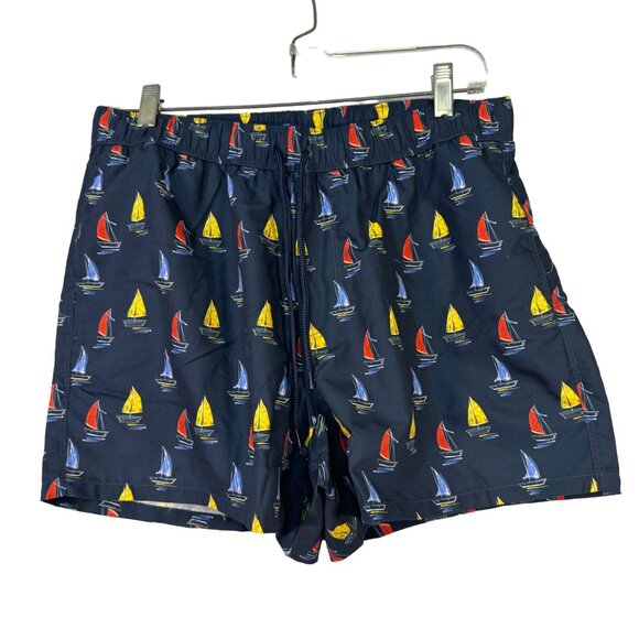 Asos Mens Size M Navy Sailboat Print Swim Trunks Elastic Waistband - Picture 1 of 5